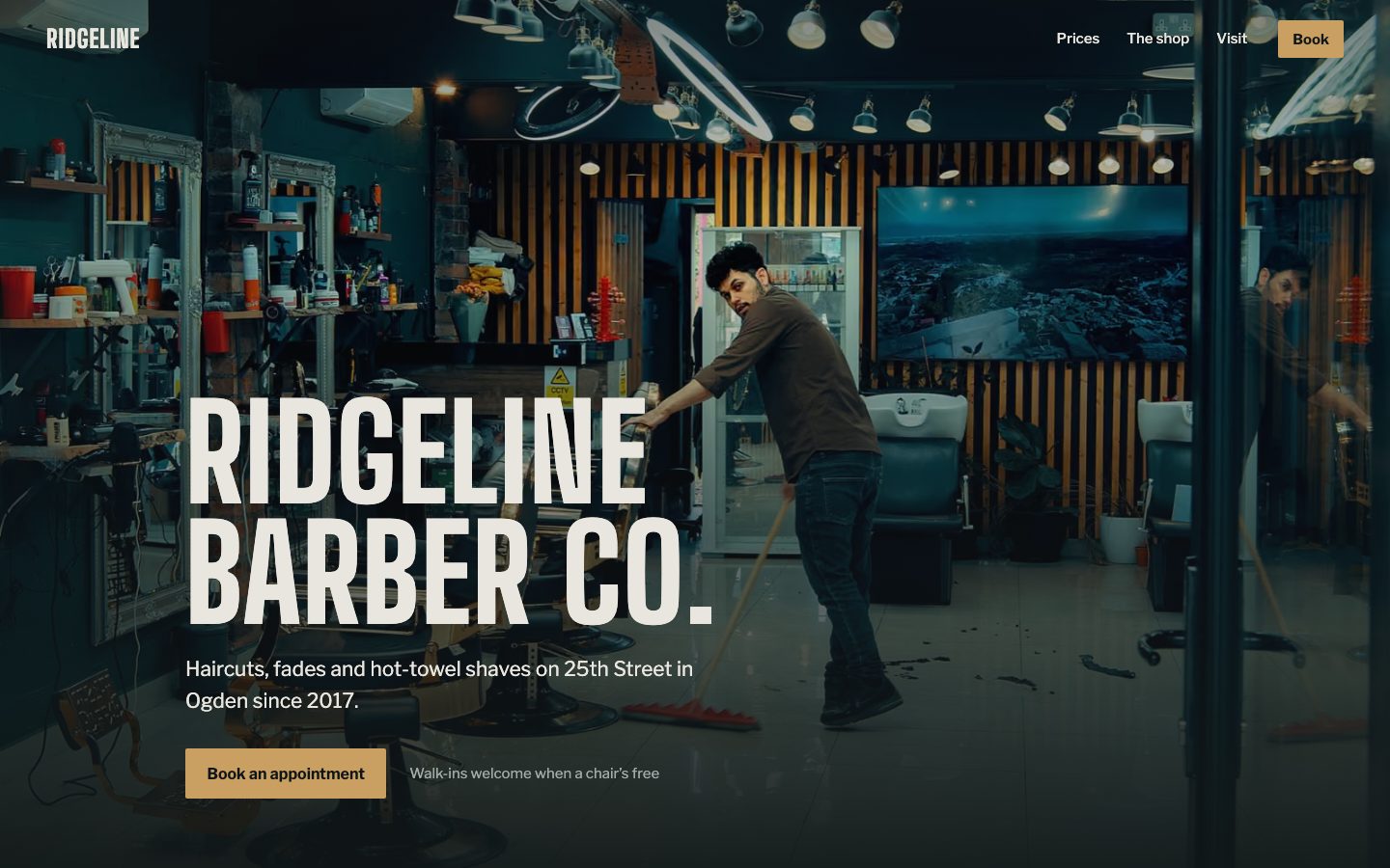 Example site we built: Ridgeline Barber Co., a barbershop in Ogden, with a Book an appointment button.